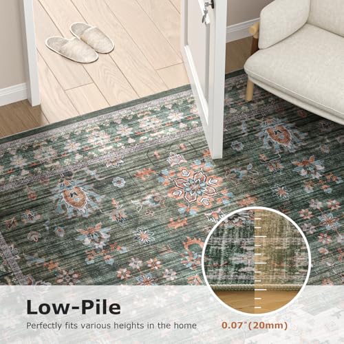 COHOME Washable 3x5 Entryway Rug, Non-Slip TPE Low Pile Area Rug for Large Kitchen Bedroom Mudroom, Distressed Green Boho Aesthetic, Stain & Pet Resistant - color: Green, size: 3" x 5" (Rectangular)