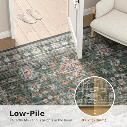 COHOME Washable 3x5 Entryway Rug, Non-Slip TPE Low Pile Area Rug for Large Kitchen Bedroom Mudroom, Distressed Green Boho Aesthetic, Stain & Pet Resistant - color: Green, size: 3" x 5" (Rectangular)
