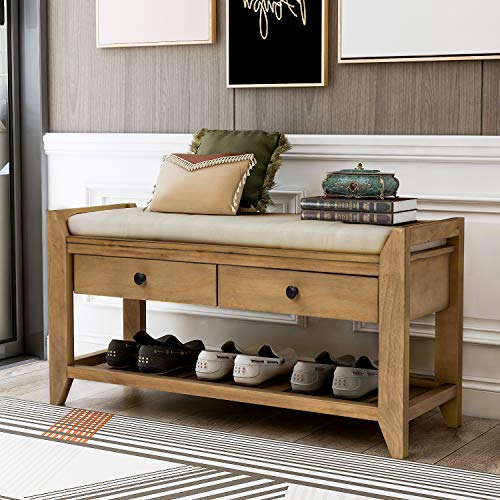 LUMISOL Storage Bench, Shoe Rack with Upholstered Seat and 2 Drawers, Solid Wood Entryway Storage Bench with Shoe Rack for Entryway, Living Room, Bedroom, Old Pine - color: Old Pine, size: 39"L x 14"W x 19.8"H