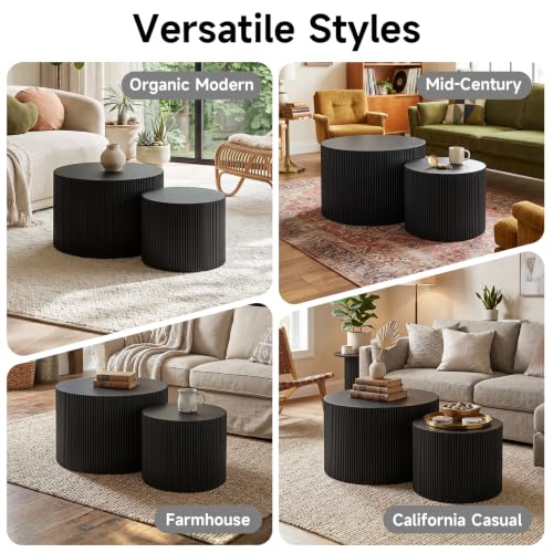 Nesting Round Coffee Table Set of 2 Black No Assembly | Nesting Coffee Tables for Living Room, MDF Wood Nightstands, Modern Drum Side End Tables with Vertical Fluted Design - color: Black