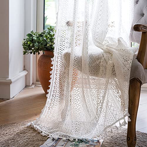 WAZZIO Boho Lace Curtains 63 Inches 2 Panel,Light Filtering Privacy Tassel & Geometry Crochet Semi Sheer Curtain Drapes for Bedroom Living Dining Room,Rod Pocket & Tassel,Victorian Decor,Off White - color: Off White, size: 59"W x 63"L (Pack of 2)