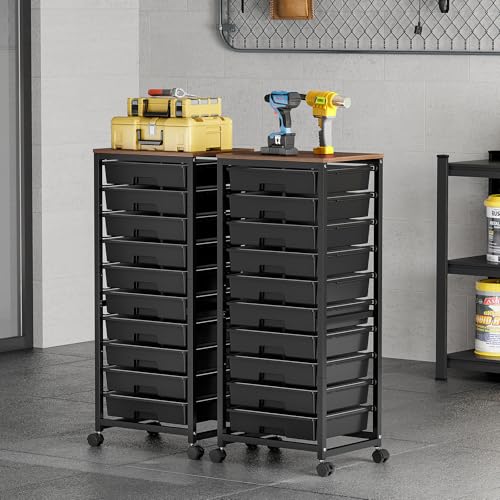 Sykiariol 10 Drawer Rolling Cart,Black | Rolling Cart for Craft Storage,Storage Cart with Lockable Wheels and Wooden Tabletop for Classroom,Office,Living Room - color: Black