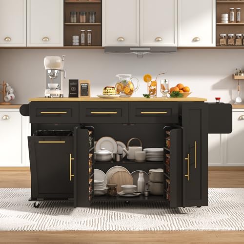 St.Mandyu 69" Large Kitchen Island on Wheels, Kitchen Rolling Island Cart with Trash Storage Cabinet, Power Outlet, 3-Tier Pull-Out Storage Trays, Drop Leaf, Mobile Island Table for Kitchen, Black - color: Black