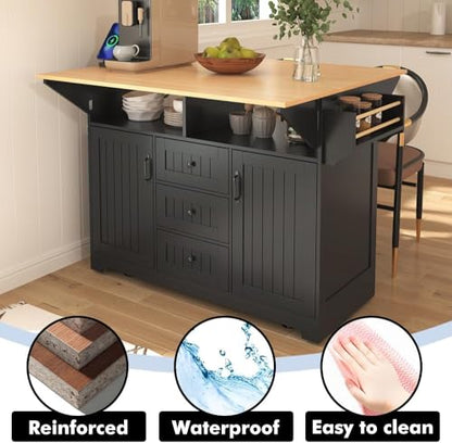 Kitchen Island with 2 Drop Leaf, Home Cart Island on Wheels Foldable Dining Table with Power Outlets,3 Drawers,Storage Cabinet, Tower Rack(Black) - color: Black