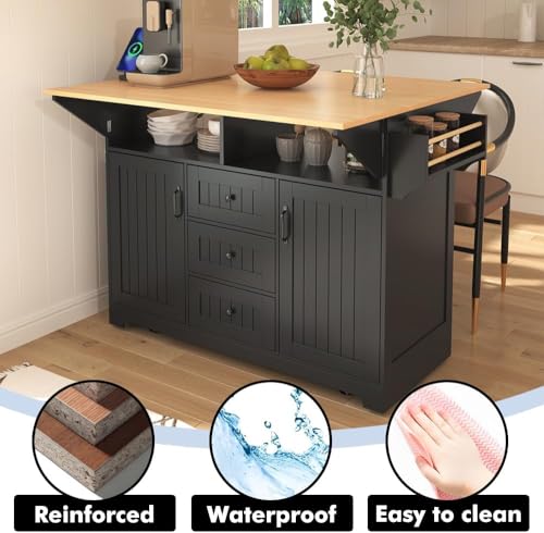 Kitchen Island with 2 Drop Leaf, Home Cart Island on Wheels Foldable Dining Table with Power Outlets,3 Drawers,Storage Cabinet, Tower Rack(Black) - color: Black