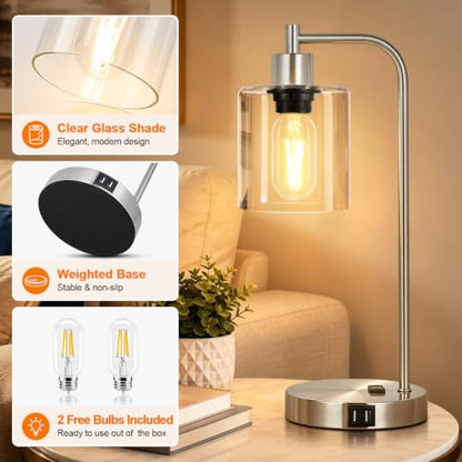 Industrial Touch Control Table Lamps Set of 2 - Brushed Nickel Nightstand Bedside Lamps with 2 USB Ports & AC Outlet, 3-Way Dimmable Desk Lamp for Bedroom Living Room, Glass Shade & LED Bulbs Included - color: Brushed Nickel(2 pack) - Clear Glass-Touch Co