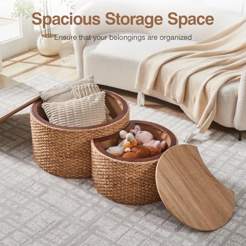 Round Nesting Coffee Table Set of 2 with Storage - Handwoven Wicker Rattan Ottoman Style, Boho Coastal Coffee Tables for Living Room, Rattan Coffee Table with Cover & Soild Wood Frame - color: Natural (Under Warm Light)