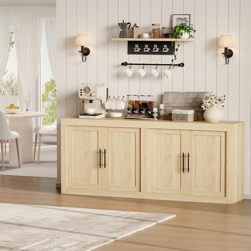 Garvee 70.8 in Sideboard Buffet Cabinet with Storage, Mid Century Modern Accent Cabinet with 4 Wooden Doors, Coffee Bar Credenza for Living Room, Dining Room, Hallway, Natural | Farmhouse Style, Large 4-Door Storage, Adjustable Shelves, For Dining & Kitch