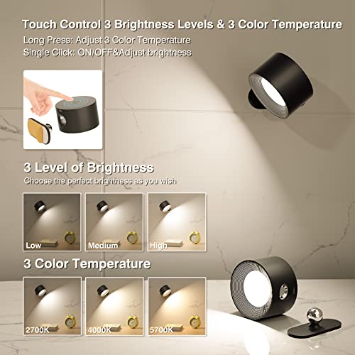 Deyagoo LED Wall Sconce, Rechargeable Wall Light with Remote-Black | 3 Colors, Dimmable, Magnetic Rotating Head, 360 Degree Rotate - color: A-Black
