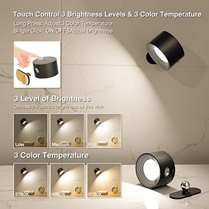 Deyagoo LED Wall Sconce, Rechargeable Wall Light with Remote-Black | 3 Colors, Dimmable, Magnetic Rotating Head, 360 Degree Rotate - color: A-Black