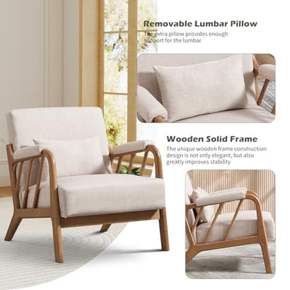 IOMOR Mid Century Modern Accent Chair with Solid Wood Frame Linen Fabric, Upholstered Living Room Chairs with Lumbar Cushion Padded Arms, Reading Armchair for Bedroom (1, Warm Beige) - color: Warm Beige