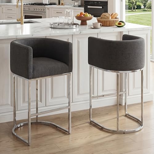 HNY Modern Counter Height Linen Fabric Upholstered Counter Stools Set of 2, 29 Inch Charcoal Kitchen Isla Stool with Chrome Finish Metal Frame - color: 29inch Charcoal,chrome Base