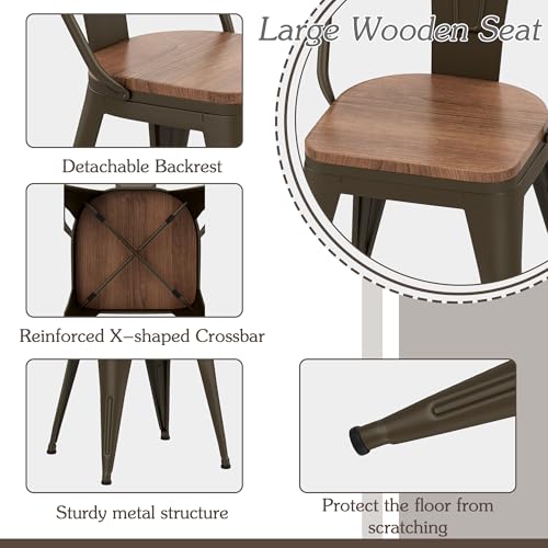 Alunaune 18inch Metal Dining Chair Set of 4 High Back Classic Chic Iron Farmhouse Chairs Industrial Stackable Coffee Stools Bistro Cafe Side Barstools Wood Seat-Rusty - color: Rusty