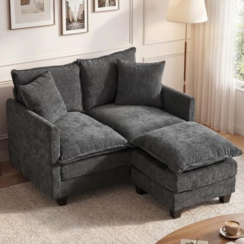 50'' L-Shape Loveseat Sofa with 22" Ottoman, 2 Seat Modern Cloud Couch with 2 Washable Pillows for Small Space Apartment Office Living Room Bedroom, Grey - color: Grey, size: 50"L
