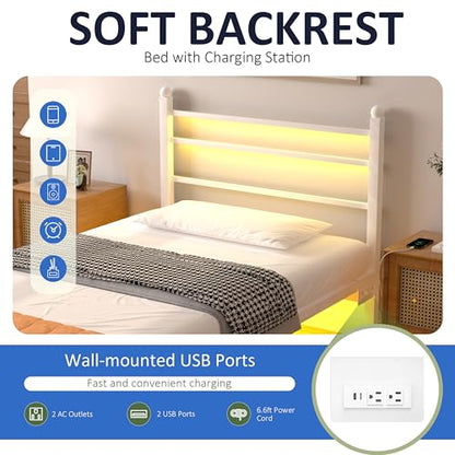 J.Fkne Twin Bed Frame with LED Lights & Charging Station, Metal Platform Bed with Headboard, Heavy Duty Metal Slats, No Box Spring Needed, Noise Free, Easy Assembly, White - size: Twin, style: Classic White