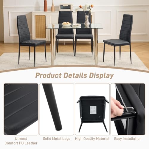 Karl home Dining Chairs Set of 4, PU Leather & High Back, Black | Black kitchen chairs with padded seats & foot cap protection for dining kitchen living room,300lbs capacity,space-saving - color: Black, size: Set of 4