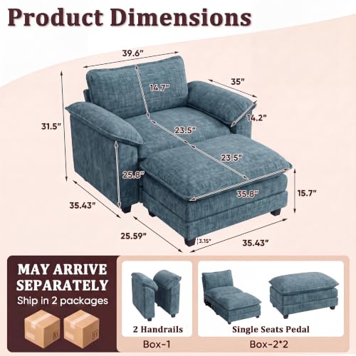 JUMMICO 40" Chaise Lounge Chair with Ottoman, Single Sofa Chair, Dark Blue | Comfy Chenille, Double Layer Cushion, Wide Armrest, Deep Seat, High-Density Foam, Reading Chair for Living Room - color: Dark Blue, size: Single Sofa Chair