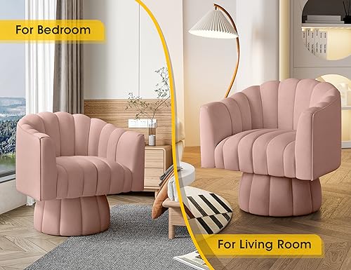 Dewhut Swivel Accent Chair, Barrel Accent Chair, Velvet, Pink | Velvet Upholstered Round Arm Chair with 360° Swivel Base, Mid Century Modern Living Room Chair, Easy Setup - color: Pink