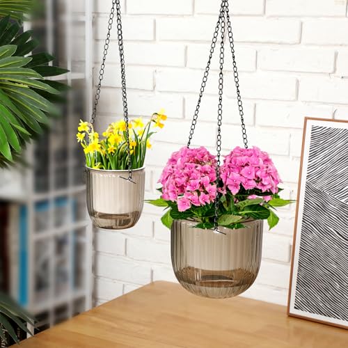 4 Pcs Self Watering Planters 6.5'' 4.5'', Grey, Clear | Hanging Pots for Indoor Plants with Drainage Holes and 3 Hooks, Ribbed Design, Perfect for Balcony Patio Garden Home - color: Grey,clear, size: 6.5'' 4.5''