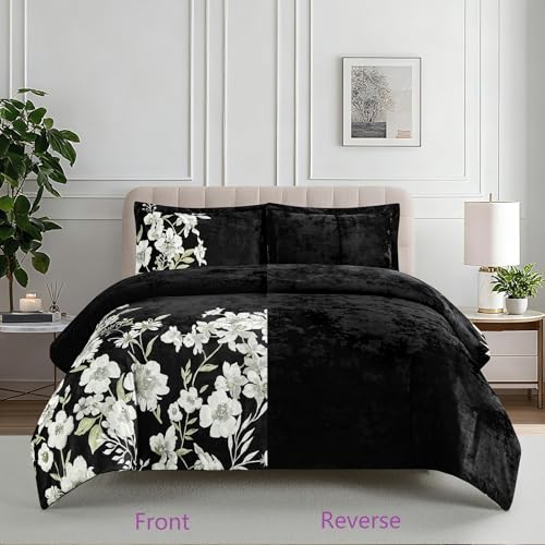 Sunshine Nicole Reversible Comforter Set, Printed Distressed Velvet Front and Sold Distressed Velvet Reverse, 3 Pieces Black Queen, with Soft Polyester Fill - color: Black, size: Queen
