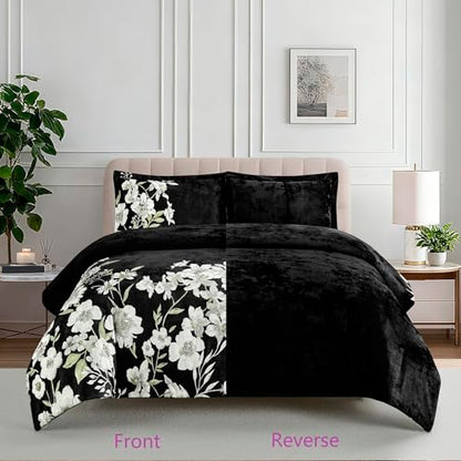 Sunshine Nicole Reversible Comforter Set, Printed Distressed Velvet Front and Sold Distressed Velvet Reverse, 3 Pieces Black Queen, with Soft Polyester Fill - color: Black, size: Queen