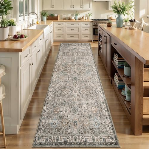 Tangsoo 2.6x14 Washable Runner Rug for Hallway Non Slip,Boho Beige Long Rug | Vintage Floral Carpet Runner for Kitchen Entryway,Distressed Grey Runner Soft Low Pile Gray Mat for Bedroom Bathroom Laundry - color: Distressed Beige Grey, size: 2'6" X 14' (Ru