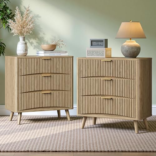 Evermagin 31.5" W Oversized Large Fluted Nightstands Set of 2 | 3 Drawers Light Wood Night Stand Bedside Table, Mid Century Modern Small Dresser for Bedroom, livingroom, Natural Oak - color: Oak, size: 15.78"D x 31.5"W x 29.35"H (3 Drawers)