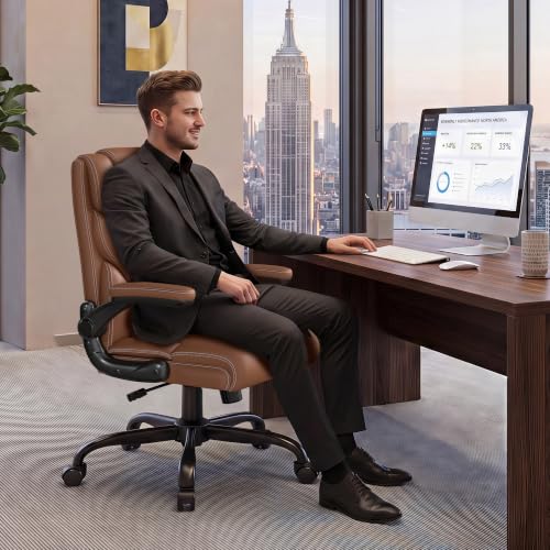 Office Chair, Executive Mid-Back Computer Desk Chair with Flip-up Armrests | 300 Lbs Ergonomic Leather Swivel PC Chair with Rock Function for Working Studying (Brown) - color: Brown