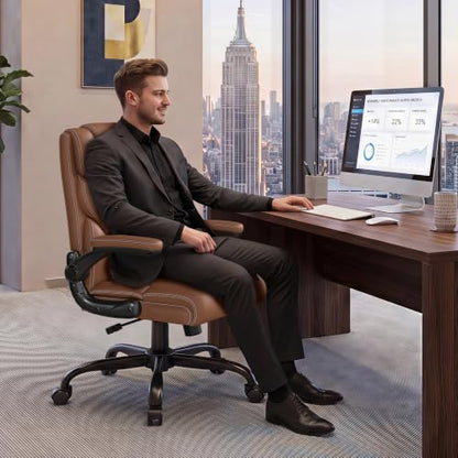 Office Chair, Executive Mid-Back Computer Desk Chair with Flip-up Armrests | 300 Lbs Ergonomic Leather Swivel PC Chair with Rock Function for Working Studying (Brown) - color: Brown