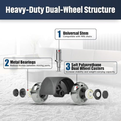 Office Chair Wheels 2" Desk Chair Caster Wheels Smooth Roller Style Quiet for Carpet and Hardwood Floors Universal Fit 11x22 mm Set of 5 Light Grey - color: Light Grey-2 Inch