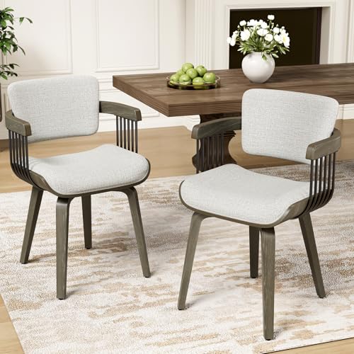 Dining Chairs with Armrest, Set of 2, Mid-Century Modern Kitchen Chair | with Wood Legs, Upholstered Fabric for Dining Room, Kitchen, Restaurant, Cafe, Beige - color: Beige