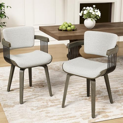 Dining Chairs with Armrest, Set of 2, Mid-Century Modern Kitchen Chair | with Wood Legs, Upholstered Fabric for Dining Room, Kitchen, Restaurant, Cafe, Beige - color: Beige