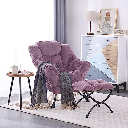 Lazy Chair with Ottoman, Comfy Accent Reading Chair, Plush Purple | Foldable Footrest,Removable Cover,with Armrests and Side Pockets,Upholstered Lounge Chair for Bedroom,Dorm,Office,Small Space - color: Plush Purple