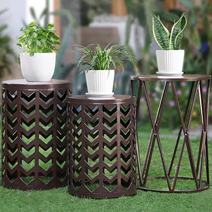 HFHOME Round Nesting Coffee Tables, Set of 3 End Tables for Living Room Balcony Office, Heavy Duty Metal Stacking Side Tables for Home Indoor - Brown - color: Classic Brown