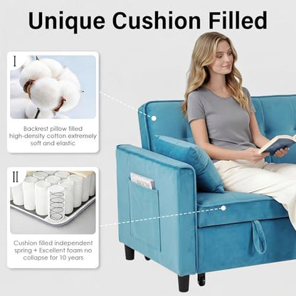 3 in 1 Convertible Sleeper Sofa Bed, Velvet Loveseat Futon Pull-Out Couch with Adjustable Reclining Backrest, Side Pockets and Pillows for Living Room,Bedroom Apartment Small Spaces (Sky Blue-Velvet) - color: Sky Blue-velvet