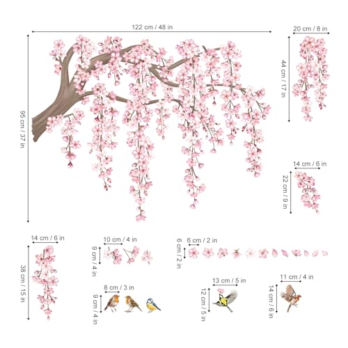 decalmile Pink Flower Tree Branch Cherry Blossom Wall Decals Stickers (XL) - style: Flower Tree