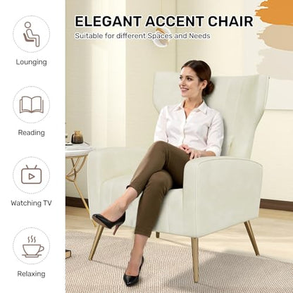 Nebuaegis Velvet Accent Chair Set of 2Wingback for Living Room, High Back Arm Chair with Golden Legs Lumbar Pillow, Upholstered Single Sofa Bedroom Beige - color: Beige, size: Set of 2