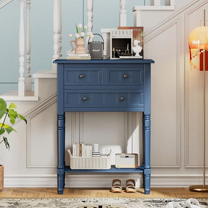Merax Narrow Console Table, Elegant Slim Entryway Table Sofa Table with Three Storage Drawers and Bottom Shelf for Entryway for Hallway, and Living Room (Navy) - color: Navy