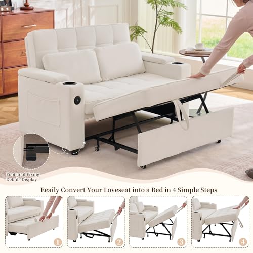 Korser 55.5'' 3-in-1 Convertible Sofa Bed, Pull Out Couch with 5-Position Adjustable Backrest, Loveseat Sleeper Sofa for Small Spaces, Sofa Couch with Cup Holders for Living Room, Office, Chenille - color: Beige