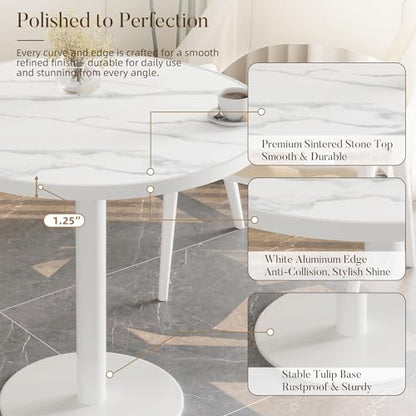 31.5'' Tulip Table, Round Dining Table with Matte Sintered Stone Tabletop | White Aluminum Alloy Edge & Pedestal, Small Bistro Table for Dining Room/Café/Small Spaces/Restaurant (Snow Peak Marble) - color: Snow Peak Marble (White Edge), size: Round