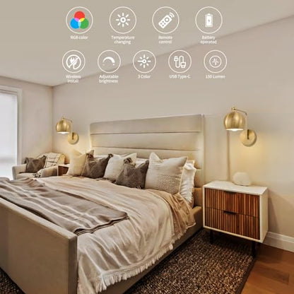 Powfloven Gold Battery Operated Wall Sconces Set of 2, Rechargeable Cordless Wall Light Fixture with Remote, Dimmable Wireless Battery Powered Wall Decor Lighting Lamp for Bedroom Living Room