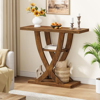 FAVOOSTY Entryway Table, 3 Tier Hallway Table, Console Tables for Living Room, Narrow Entrance Table with Storage, Sofa Table Behind Counch, Accent Table for Entry Foyer, Rustic Brown - color: Brown