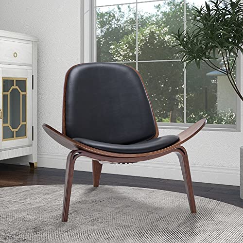 Belleze Mid Century Modern Tripod Plywood Lounge Chair Walnut Bentwood Upholstered Faux Leather, Black - color: Black, size: 1 Chair
