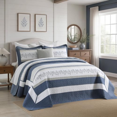 Quilta California King Quilt Set Oversized - Farmhouse Vine Striped Design Oversized King Bedspreads 128x120, 3-Piece 100% Cotton Lightweight Comforter Coverlet Bedding Set, Cal King, Navy/White - color: Navy/Light Gray/White, size: Cal King(128"x120")