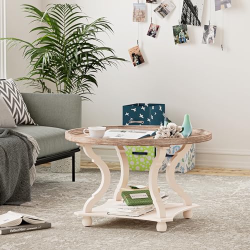 Round Farmhouse Coffee Table with Handmade Finish, Wood Tray Top Rustic Coffee Table for Added Thickness, Accent Table with Storage for Living Room, Small Place, White, Circle - size: 1-Pack Coffee Table