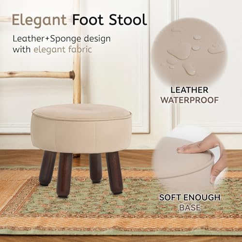 oakvivo 13in Small Foot Stool Ottoman,Round Faux Leather Footrest for Couch | Under Desk Pouf Footstool Foot Rest with Non-Skid Rubber Legs for Ling Room, Bedroom, 13''L x 13''W x 10.2''H, Beige - color: Beige
