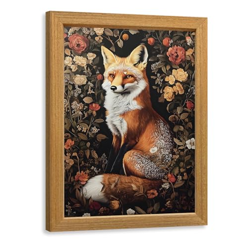 LLEEMPI William Morris Fox Floral Wall Art, 8x10 Wood Framed Print | Vintage fox and floral botanical art for living room, bedroom or hallway; nature-inspired woodland decor for animal lovers. - color: Fox, size: 10"L x 8"W
