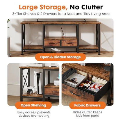 DUMOS 55" TV Stand with Fabric Drawers for 55 60 65 Inches TV | Entertainment Center and Industrial TV Console Table with Open Storage Shelves for Living Room, Bedroom, Rustic Brown - size: 55 Inch