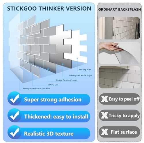 STICKGOO Subway Tile Peel and Stick Backsplash, Thicker Design 12" x 12" Stick on Backsplash Tiles for Kitchen, Bathroom, Wall Tile (10 Sheets, Light Grey) - color: Light Grey With White Grout