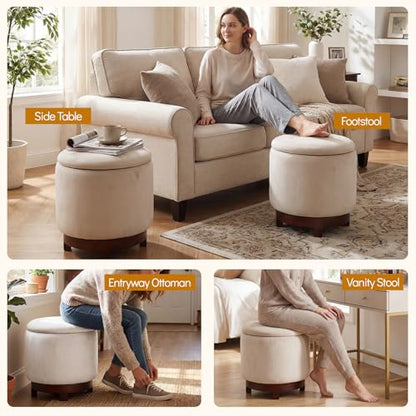 GIANTEX Round Ottoman with Storage, 360° Swivel Velvet Vanity Stool with Removable Lid, Wood Frame & Legs, Ottoman Foot Rest for Living Room, Bedroom, Makeup Room No Assembly (White & Walnut) - color: White & Walnut